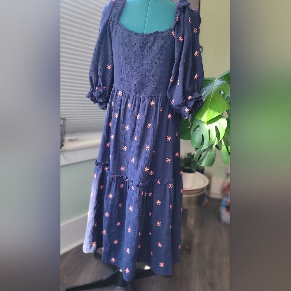 Smocked Top Dress Navy With Pink Flowers Size L